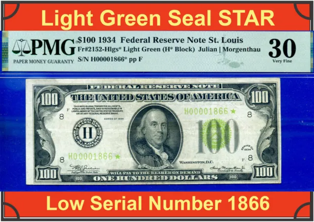 1934 $100 Federal Reserve Note PMG 30 St Louis light green seal star low serial