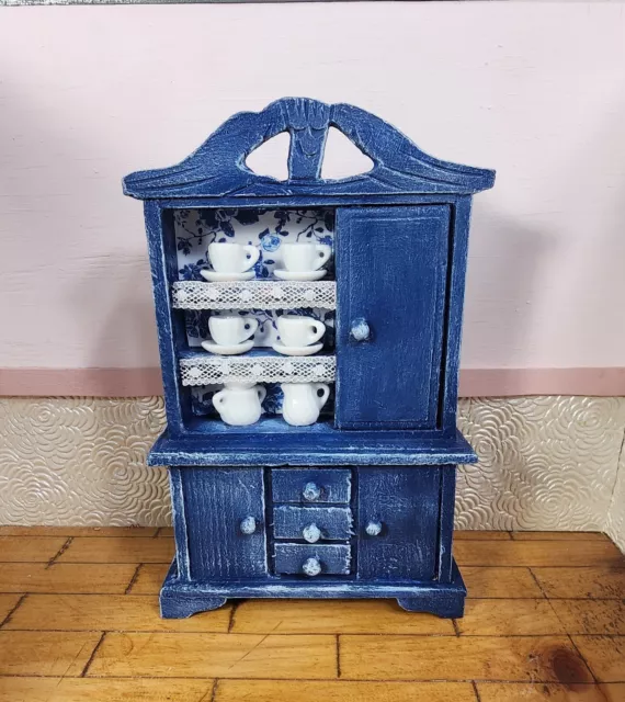 Dollhouse  Cabinet Hutch Cupboard 1:12 Scale Wood  OOAK Blue & White