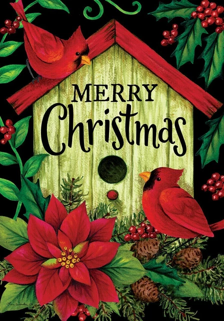 Merry Christmas Cardinal Birdhouse Poinsettia Pine Cone Holly House Flag 40x28