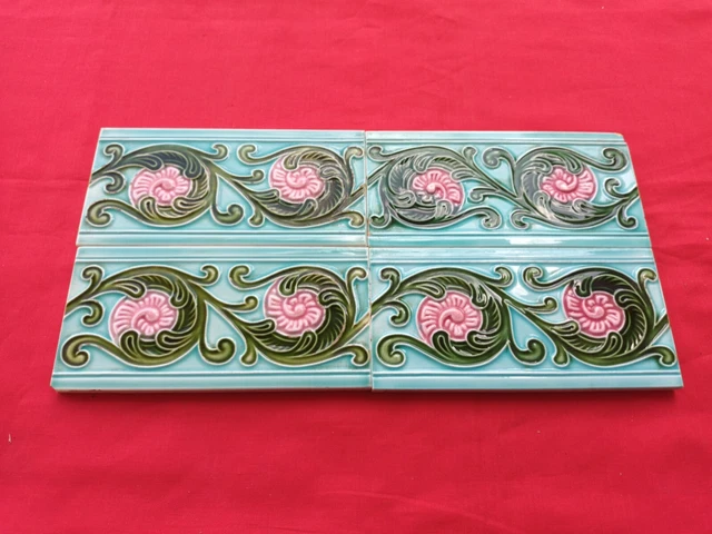 4 Piece Small Old Art Floral Design Majolica Ceramic Tiles Japan 0136 3