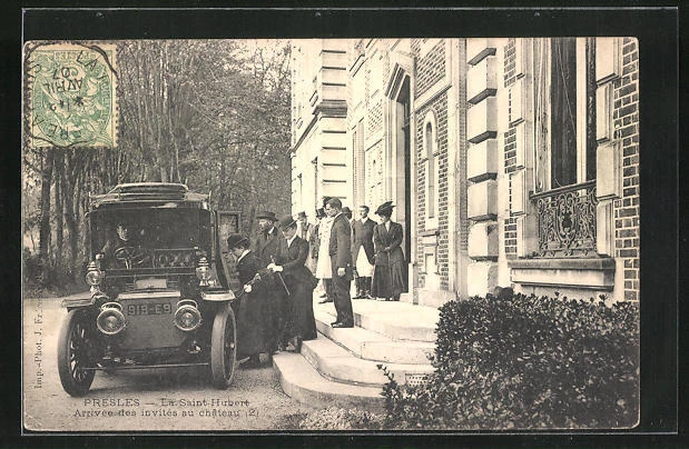 CPA Presles, La Saint-Hubert, Arrivee des invites au chateau 1907