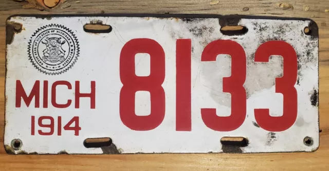 Michigan 1914 License Plate Porcelain 4 Digit Auto Vintage Wall Decor Collector