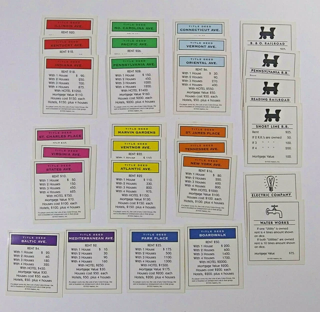 MONOPOLY BOARD GAME Replacement Piece 28 Title Deed Cards Parker