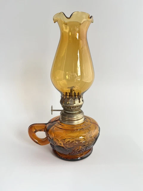Miniature Decorative 8" Amber Glass Finger Oil Lamp W/ Amber Glass Globe