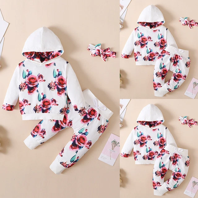 Newborn Baby Girl Clothes Floral Hooded Top Pants Outfits Set Tracksuit Headband