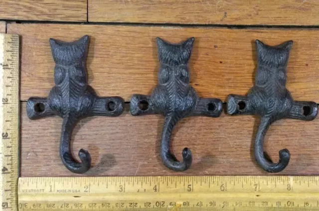 Set of 3 CAT Kitty Feline Kitten KEY leash TAIL HOOK hanger rustic cast iron