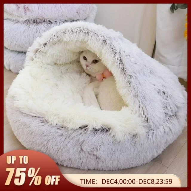 Cat Bed Cave Round Fluffy Hooded Pupy Bed Donut Self Warming Pet Dog Bed