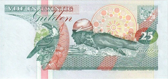 thumbnail image 2 of Suriname 25 Gulden Banknote – 1998, UNC, P-138d – 5 Consecutive PCS Lot 2 of 5