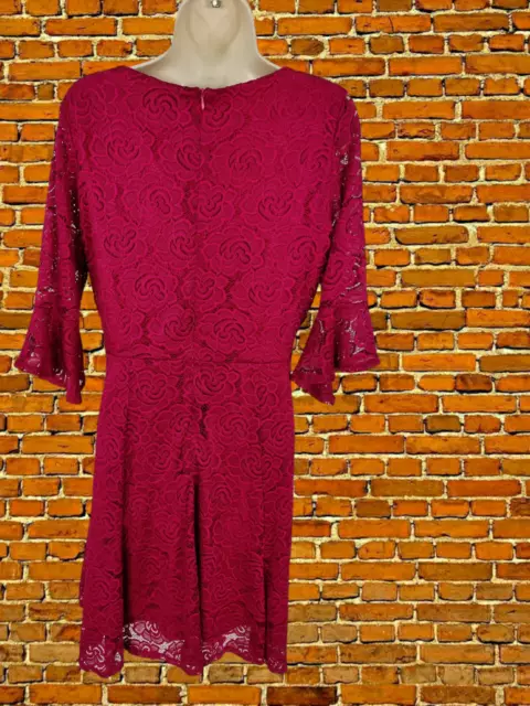 Womens Wallis Uk 12 Raspberry Lace Bell Sleeve Occasion Party Skater Flare Dress 2