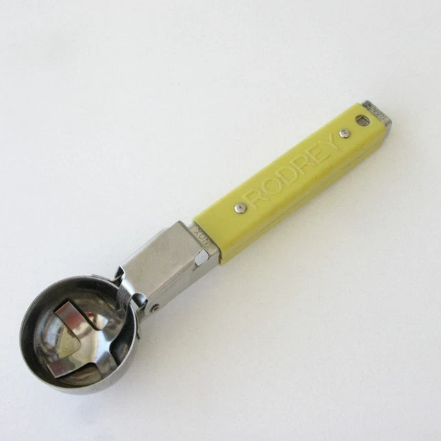 Cuillère à Glace Ancienne RODREY Automatique - Made In France, Manche Jaune, Inox, Longueur 22 Cm