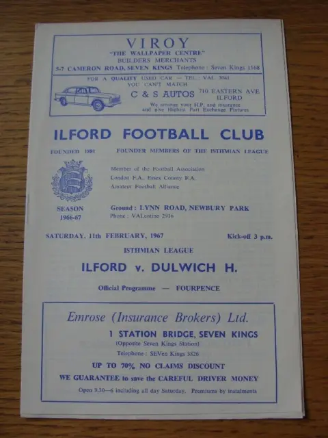 11/02/1967 Ilford v Dulwich Hamlet  (Item in very good condition, no obvious fau