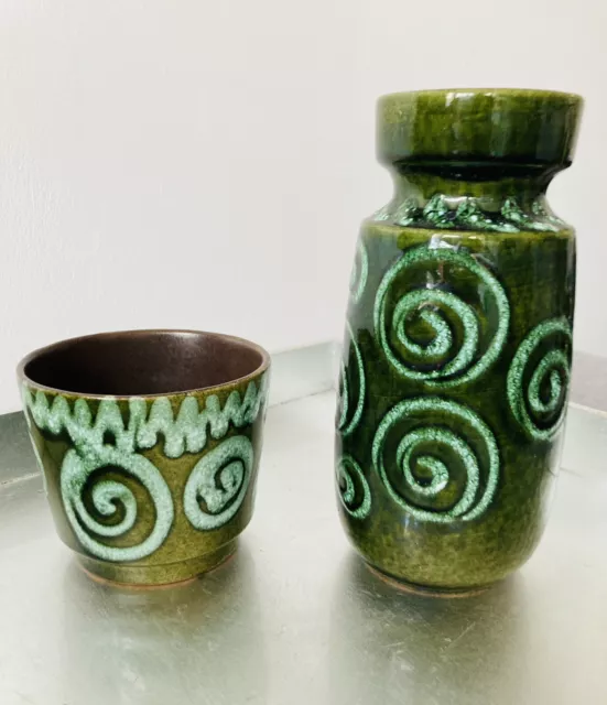 West German Pottery Scheurich Keramik green vase & matching plant pot 1960s