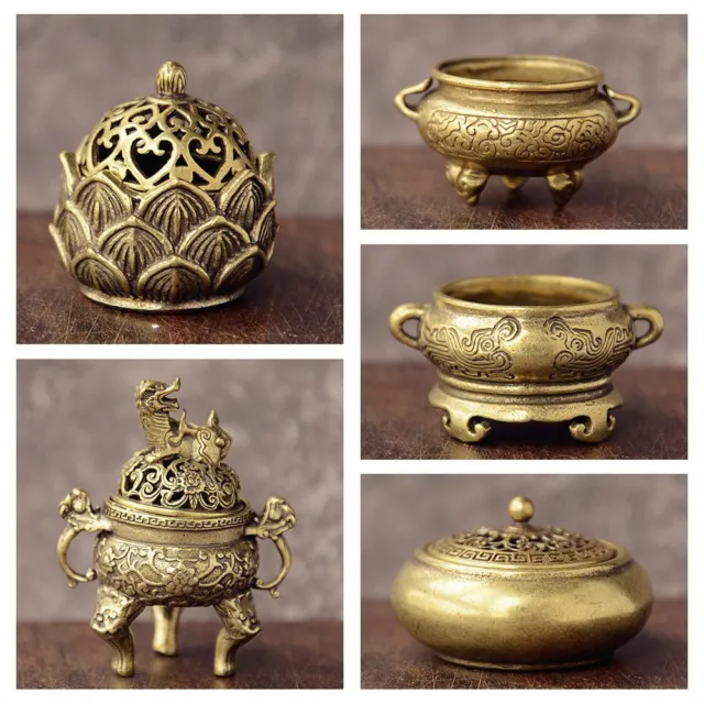Ornaments Hollow Lotus Mini Qilin Head Incense Burner Retro Brass Censer