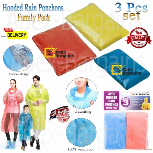 3x Hooded Raincoat Waterproof Poncho Reusable Adult Camping Festival Rain Coat