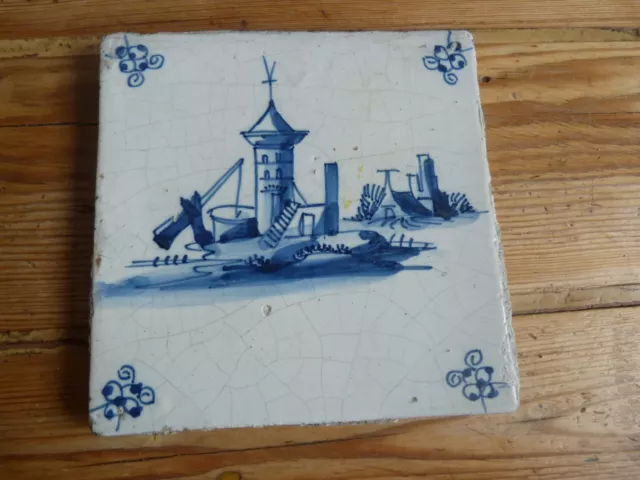 Antique Dutch Delft Blue And White  Ceramic Tile 17/18C? Tower & House/building