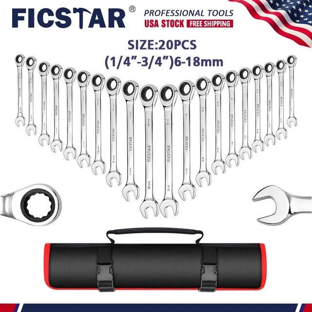 20pc Fixed-Head Ratcheting Wrench Combination Flat Ratchet Spanner Set Inch & MM