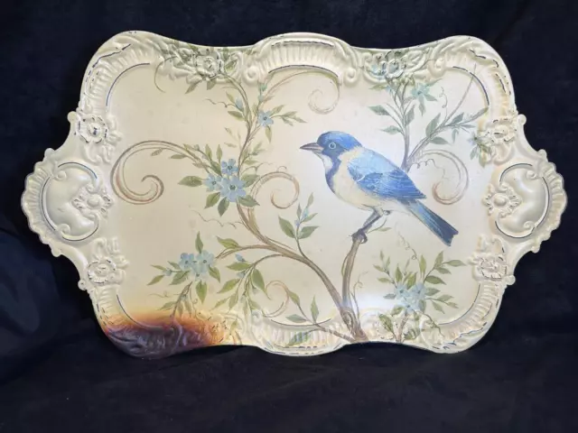 Pier 1 Shabby Chic Ornate Victorian Bluebird Print Footed Metal Serving Tray 18"