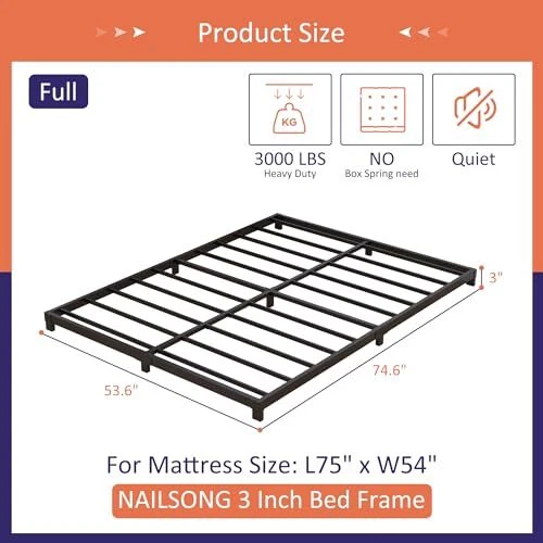 3 INCH BED Frame Low Profile Size Metal Bed Frame No Box Spring Full 3