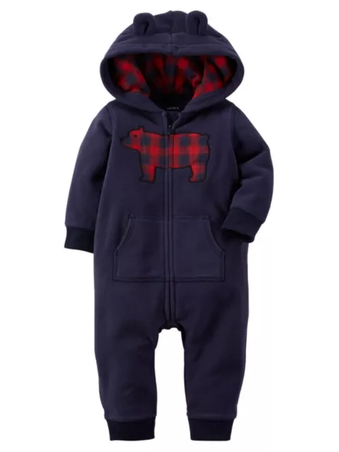 Carters Infant Boys Blue Bear Themed Hooded Fleece Jumpsuit Coverall Outfit