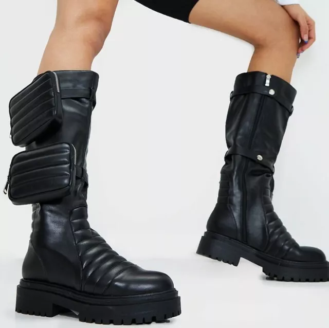 Bnib 6 Plt Black Extreme Chunky Knee Pocket Boots Festival Grunge Biker Combat