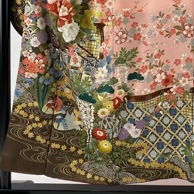 Woman Japanese Kimono Furisode Silk Flower Cart Stream Gold Thread Foil Pink 6