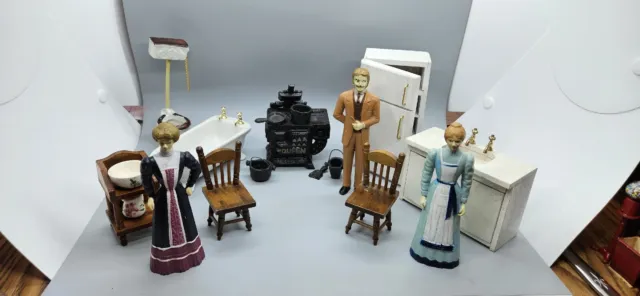 Vintage Kitchen Stove, Bathtub, Toilet, Sink, People, Chair Dollhouse Miniatures