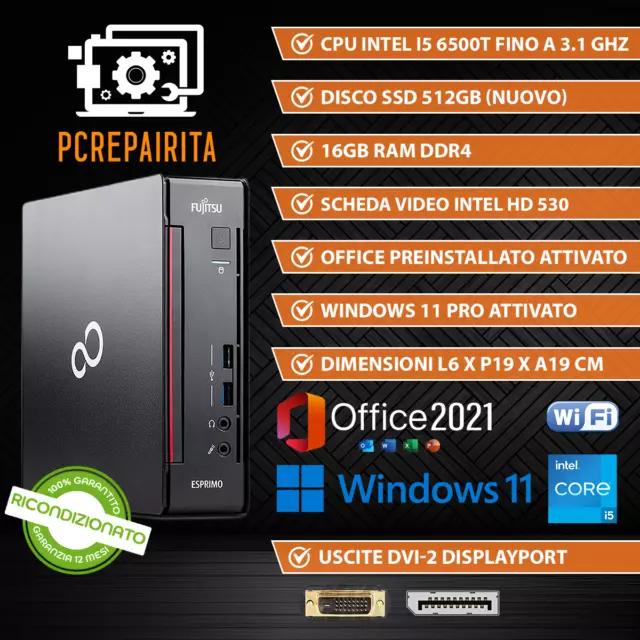 Pc Computer Mini Desktop Fisso Ricondizionato Windows 11 I5-6500T 512Gb Ssd 16Gb