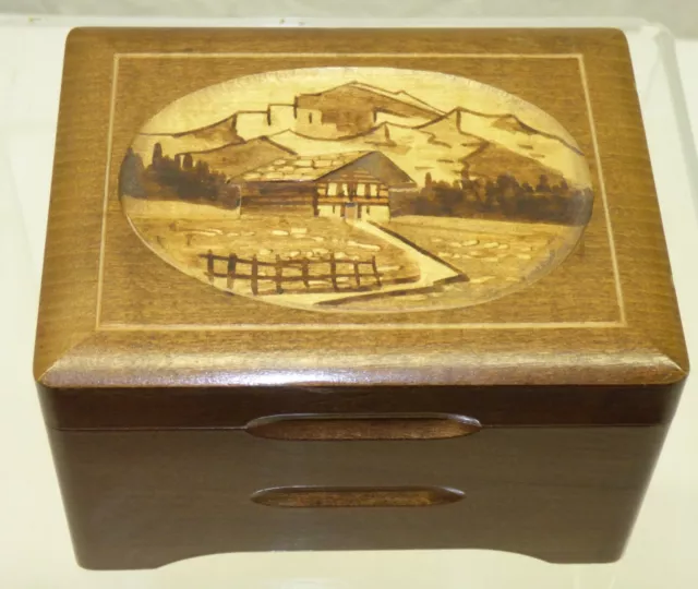 Cuendet Swiss 2 Tune Wood Music Box Carved Chalet & Painted Vintage Plays Well