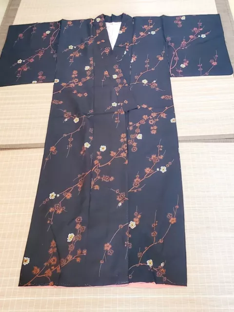 Vintage (1960's) Japanese Kimono Silk Black with Plum Blossom