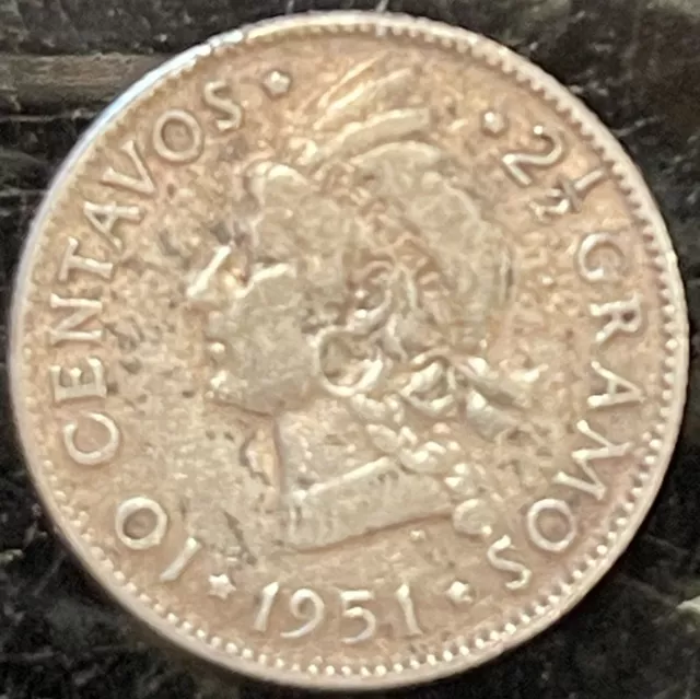 1951 Dominican Republic 10 Centavos Coin, 90% Silver, VF Condition