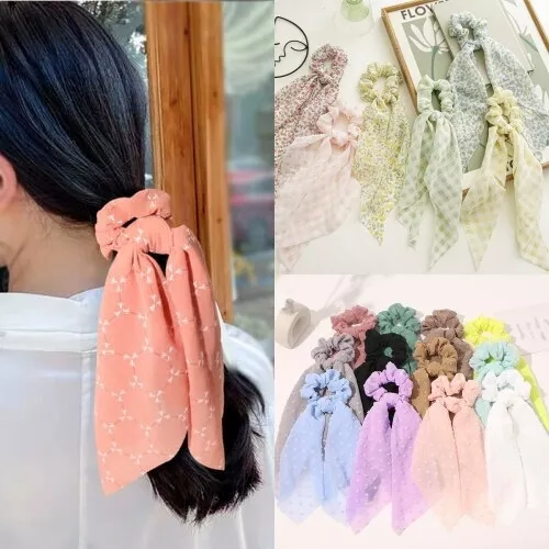 Floral Scrunchie Bow Hair Rope Ponytail Holder Boho Hairband Ribbon Ties Scarf