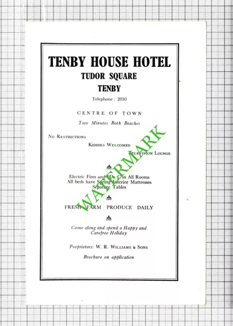 Tenby House Hotel Williams / Salmon & Son Narberth Advert - c.1960 Cutting