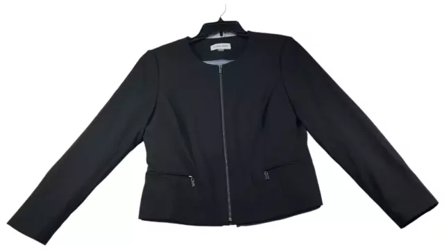 Calvin Klein Blazer Coat Womens size 12 Black Collarless Full Zip Up New