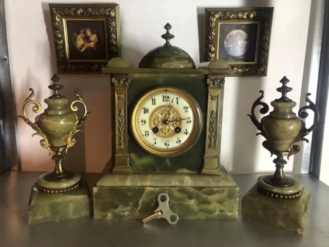 Antique 19th Green Onyx Three Piece Clock Garniture Lamuel Marti Paris