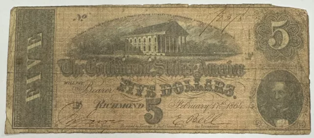 1864 $5 Five Dollar CSA Confederate States America Richmond Civil War Note