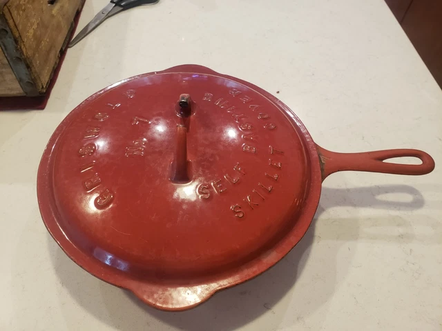 Griswold Cast Iron Skillet 701 Red Enamel Skillet Self Basting Cover Lid 467 A