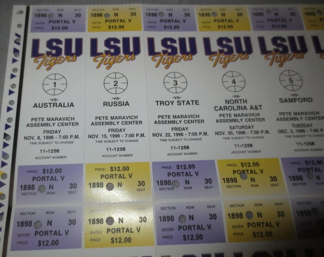 ☆ 1997 LSU Tigers FULL Test Sample Unused BASKETBALL Season Tickets Sheet Set 2