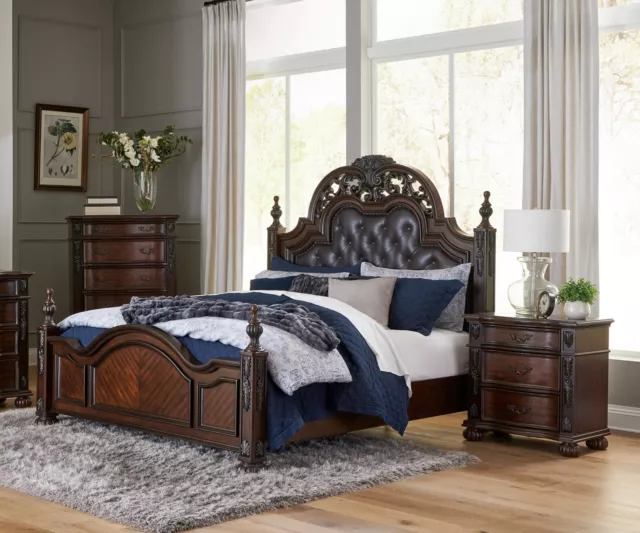 Cherry Finish Formal Traditional 3pc Bedroom King Bed and Two Nightstands Set