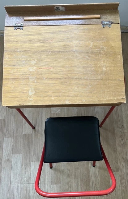 Set scrivania e sedia pieghevole vintage per bambini senza marchio in legno rosso/metallo inclinato
