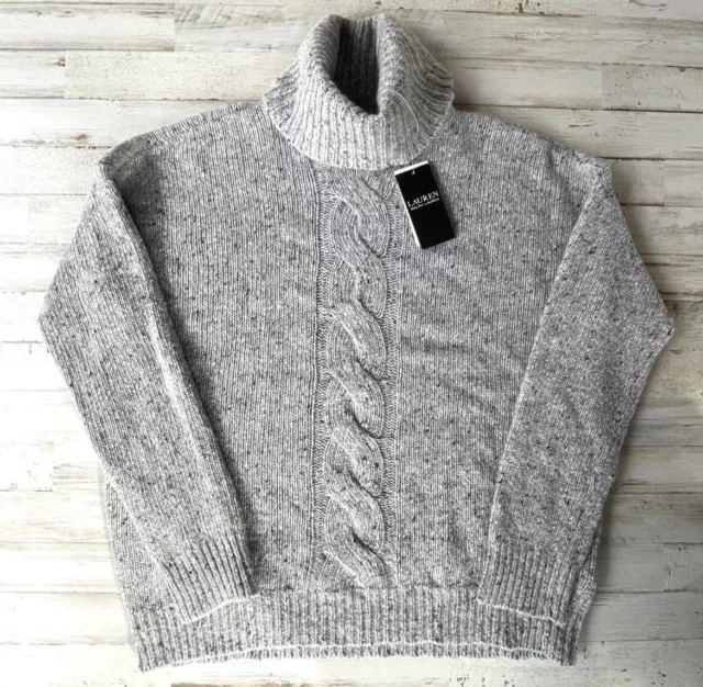 Ralph Lauren Women’s Gray Speckled Wool Cable Turtleneck Sweater MEDIUM NWT