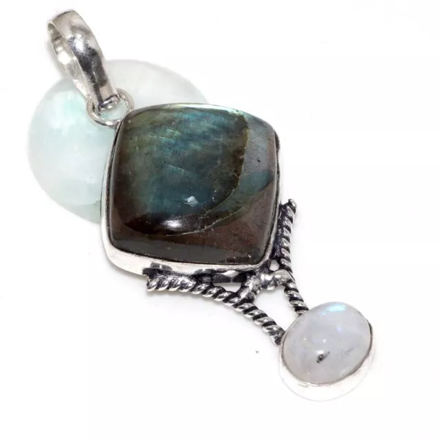 Fiery Labradorite Rainbow Moonstone Ethnic Pendant Jewelry 2.4" AU R944