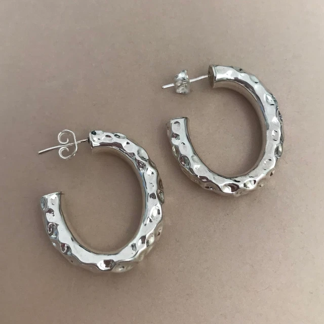 Mexican 925 Silver Taxco Oval Rough Hammered Thick Sexy Elegant HOOP Earrings