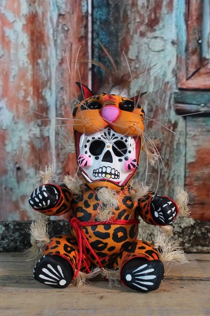 #2 Day of the Dead Jaguar Baby Muñeca Doll Papier Mache Handmade Mexico Folk Art