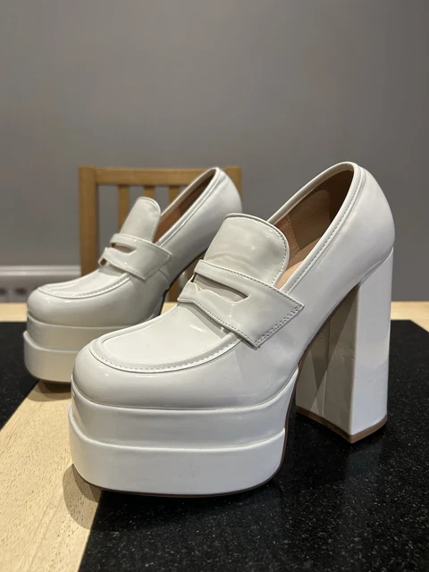JUSTFAB MARGAUX PATENT White Platform Loafer Block Heels Court Shoes ...