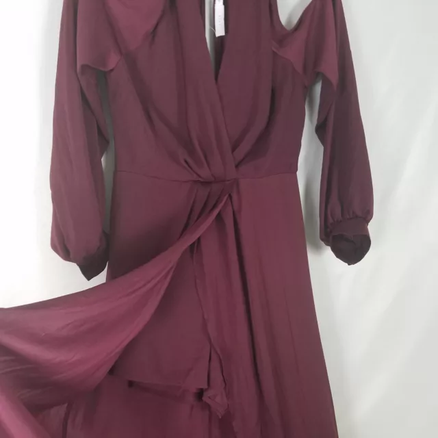 Lush Romper Dress Womens Small Burgundy Bishop Sleeve Cold Shoulder Surplice 2