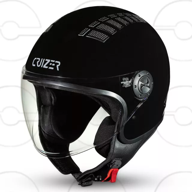 Cruizer Casco Jet Moto Scooter Omologato Visiera Singola Nero Lucido