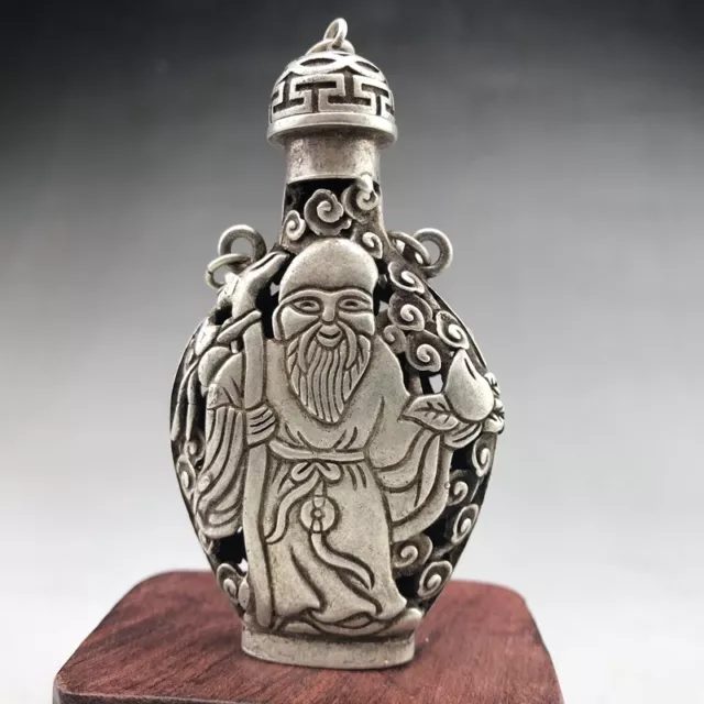 Chinese Exquisite Tibetan Silver Carved Longevity God Exquisite Snuff Bottle