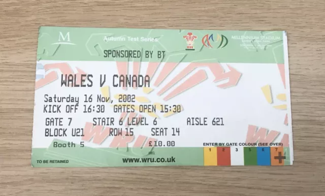 Wales v Canada, Used Ticket Stub - 2002 BT Autumn Test Series - Sat 16/11/2002