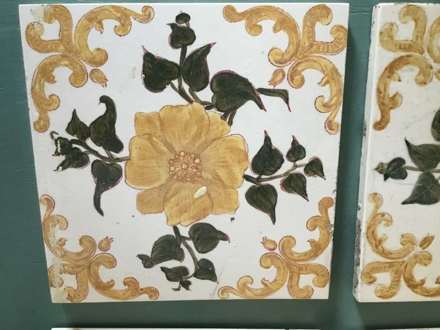Antique Nouveau Floral Hand Painted Ceramic Fireplace Tiles-4 available #5699