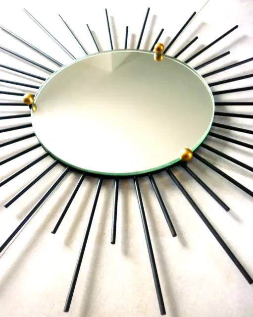 Superbe Miroir Soleil, Design Annees 50/60, Rayons Irreguliers, Metal Noir, Dore